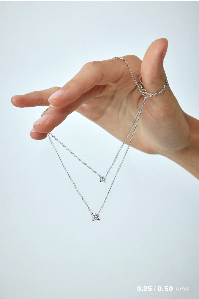 Princess Floating Diamond Necklace on Model in 14K White Gold