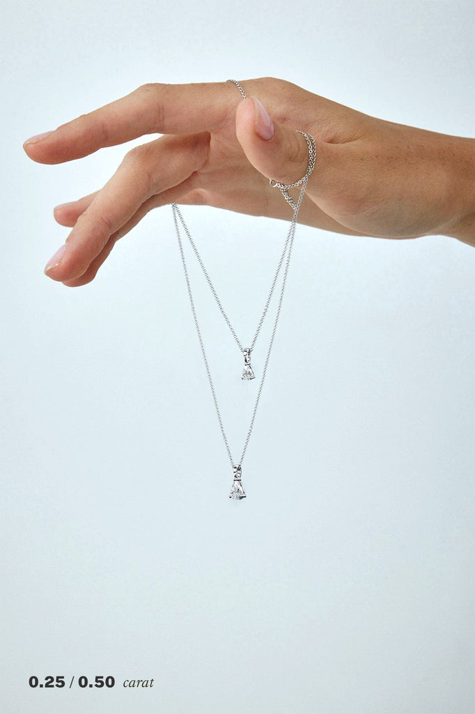 Pear Solitaire Diamond Necklace on Model in 14K White Gold
