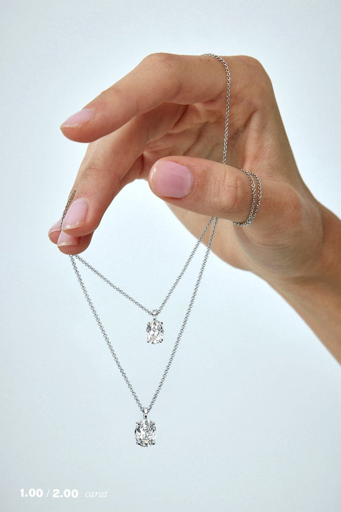 Oval Solitaire Diamond Necklace on Model in 14K White Gold