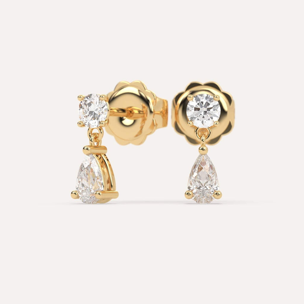 1 carat Pear Natural Diamond Drop Earrings in Yellow Gold