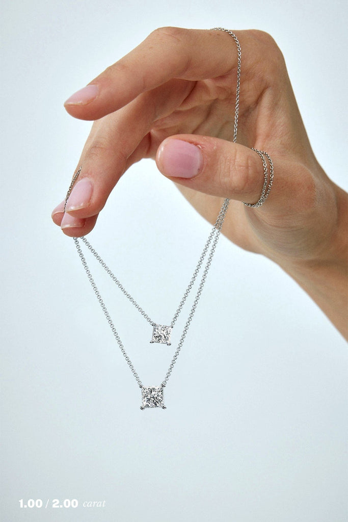 Princess Floating Diamond Necklace on Model in 14K White Gold