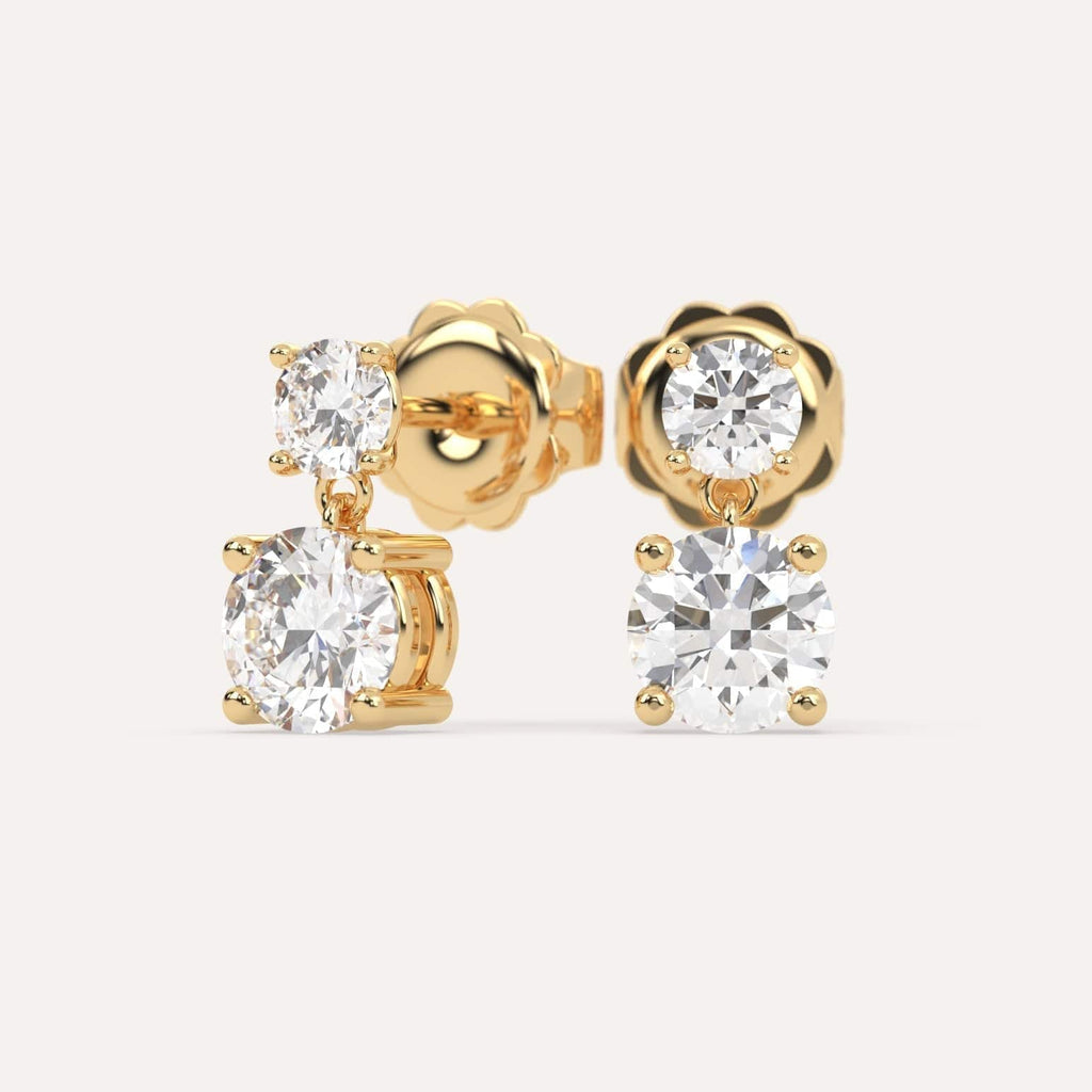2 carat Round Lab Diamond Drop Earrings in Yellow Gold