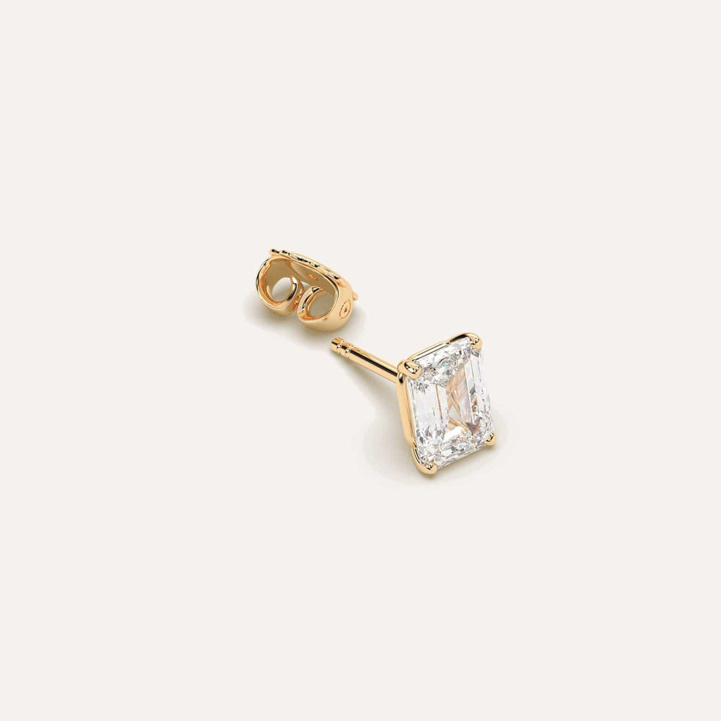 2 carat Single Emerald Diamond Stud Earring, Lab Diamonds Yellow Gold