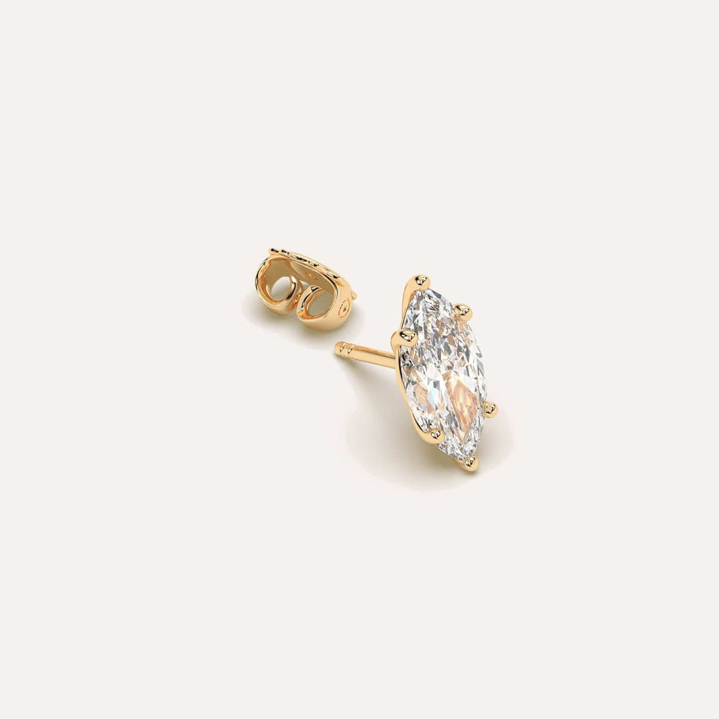 2 carat Single Marquise Diamond Stud Earring, Lab Diamonds Yellow Gold