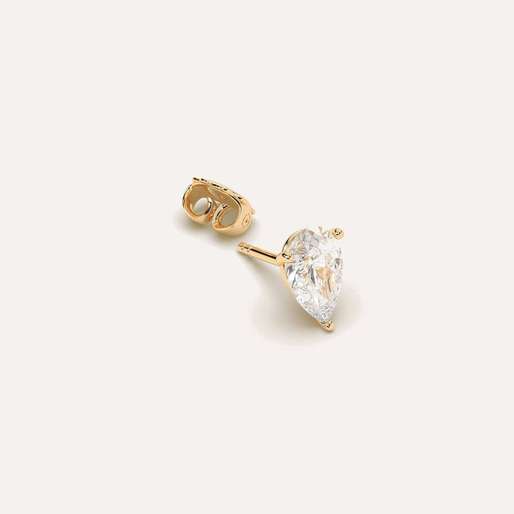 2 carat Single Pear Diamond Stud Earring, Lab Diamonds Yellow Gold