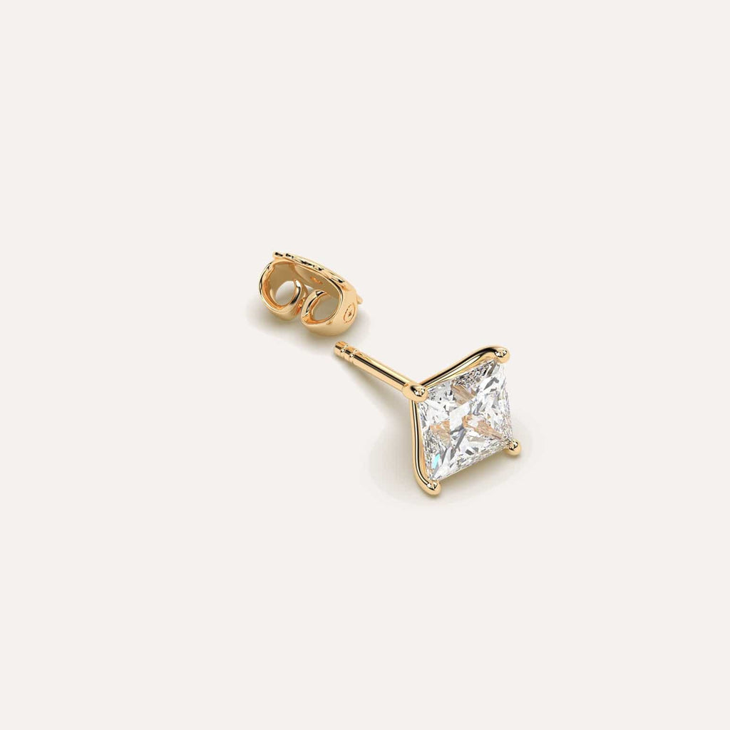 2 carat Single Princess Diamond Stud Earring, Lab Diamonds Yellow Gold