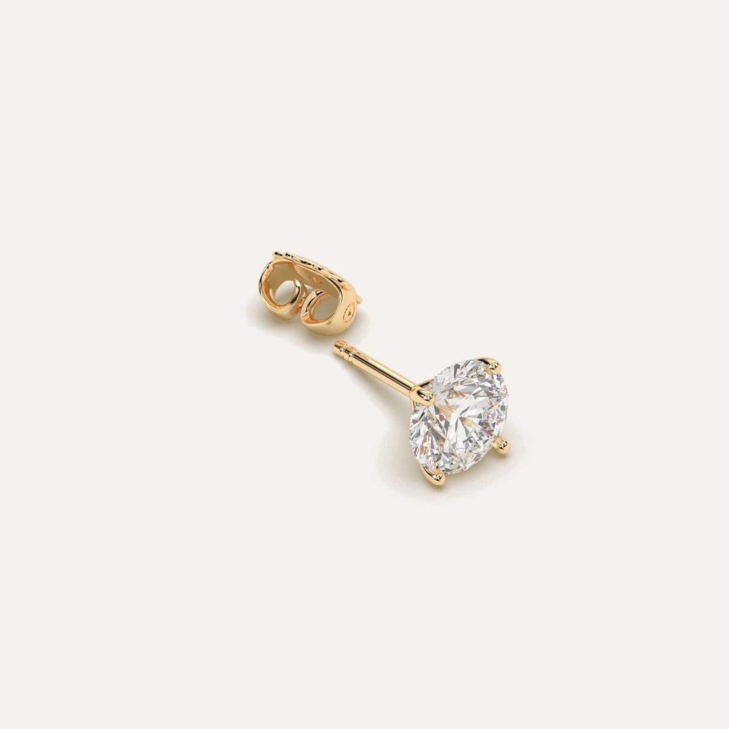 2 carat Single Round Diamond Stud Earring, Lab Diamonds Yellow Gold